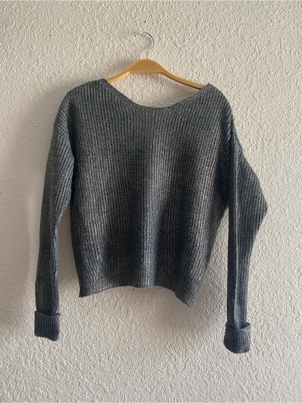 Dillards Gray with Gold shine Acrylic Wool Open Back Sweater